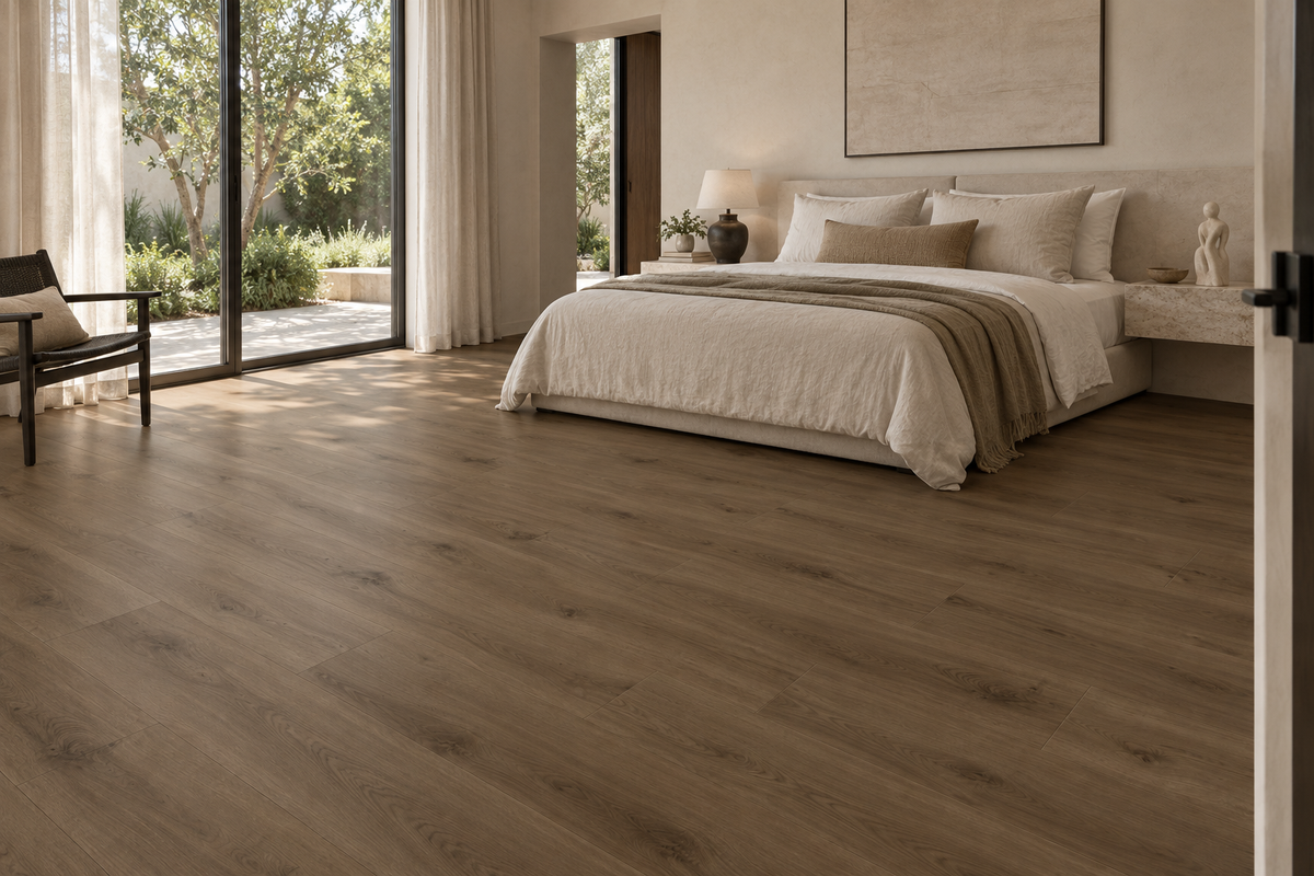 Harvest Amber SPC Vinyl Flooring — TFSPC8606-F — daytime bedroom. AI interior visualization based on original supplier finish photos.