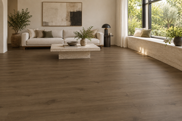 Harvest Amber SPC Vinyl Flooring — TFSPC8606-F — daytime living room. AI interior visualization based on original supplier finish photos.