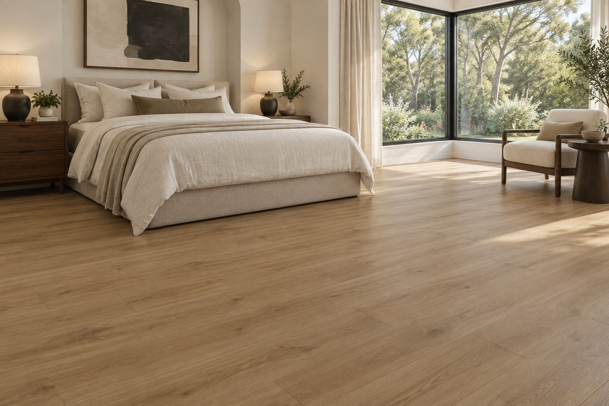 Maple Glow SPC Vinyl Flooring — TFSPC8607-F — daytime bedroom. AI interior visualization based on original supplier finish photos.