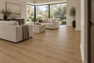 Maple Glow SPC Vinyl Flooring — TFSPC8607-F — daytime living room. AI interior visualization based on original supplier finish photos.