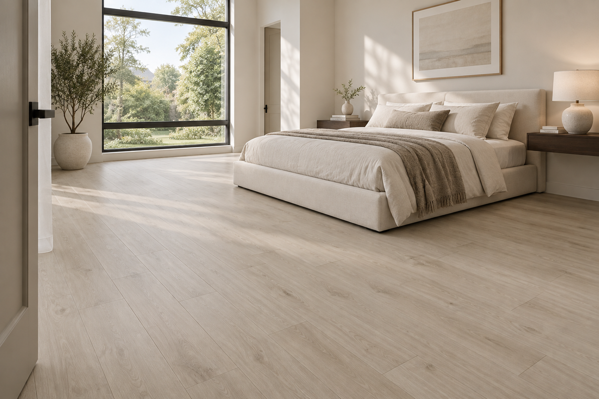 Prairie Dawn SPC Vinyl Flooring — TFSPC8608-F — daytime bedroom. AI interior visualization based on original supplier finish photos.