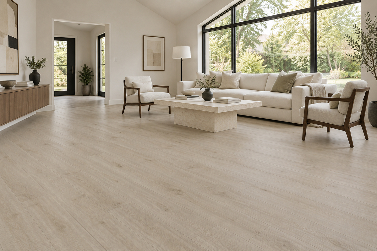 Prairie Dawn SPC Vinyl Flooring — TFSPC8608-F — daytime living room. AI interior visualization based on original supplier finish photos.