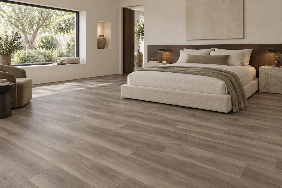 Driftwood Shore SPC Vinyl Flooring — TFSPC8609-F — daytime bedroom. AI interior visualization based on original supplier finish photos.
