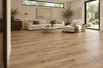Birch Whisper SPC Vinyl Flooring — TFSPC8610-F — daytime living room. AI interior visualization based on original supplier finish photos.