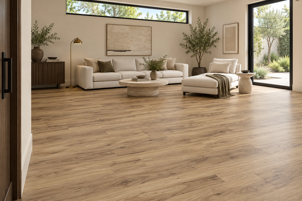 Birch Whisper SPC Vinyl Flooring — TFSPC8610-F — daytime living room. AI interior visualization based on original supplier finish photos.