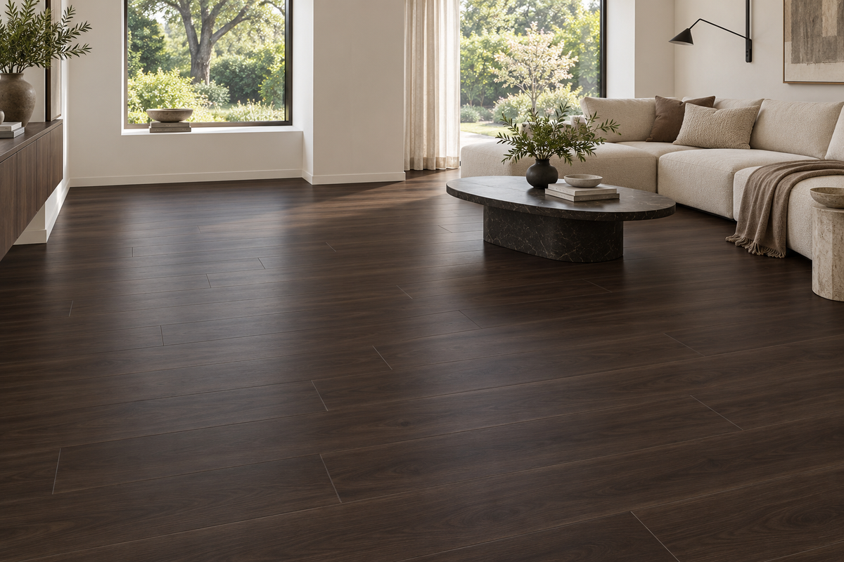 Deep Walnut SPC Vinyl Flooring — TFSPC901-F — daytime living room. AI interior visualization based on original supplier finish photos.