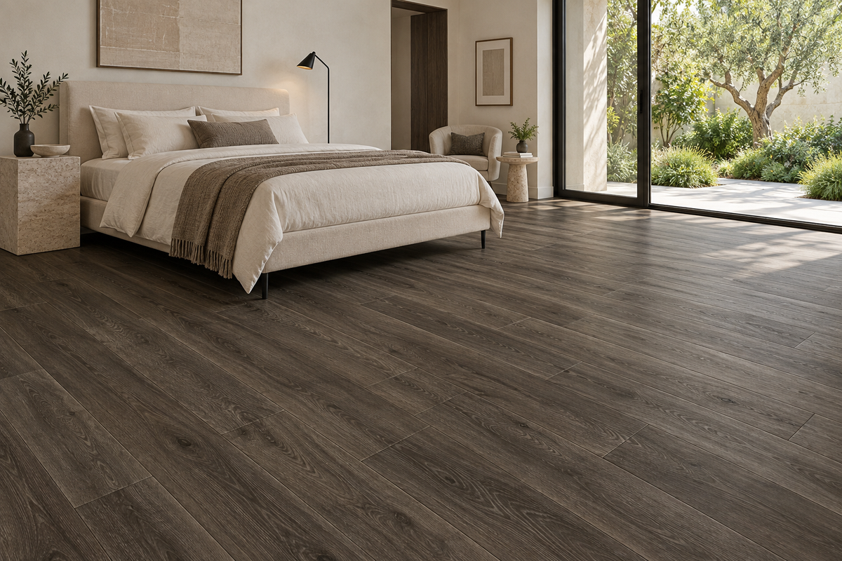 Cocoa SPC Vinyl Flooring — TFSPC902-F — daytime bedroom. AI interior visualization based on original supplier finish photos.