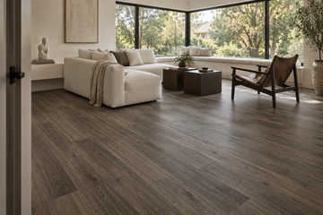 Cocoa SPC Vinyl Flooring — TFSPC902-F — daytime living room. AI interior visualization based on original supplier finish photos.