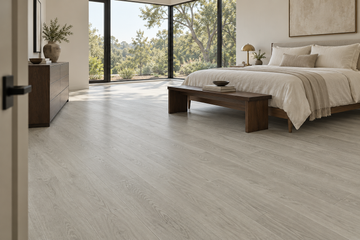 Patina Grey SPC Vinyl Flooring — TFSPC903-F — daytime bedroom. AI interior visualization based on original supplier finish photos.