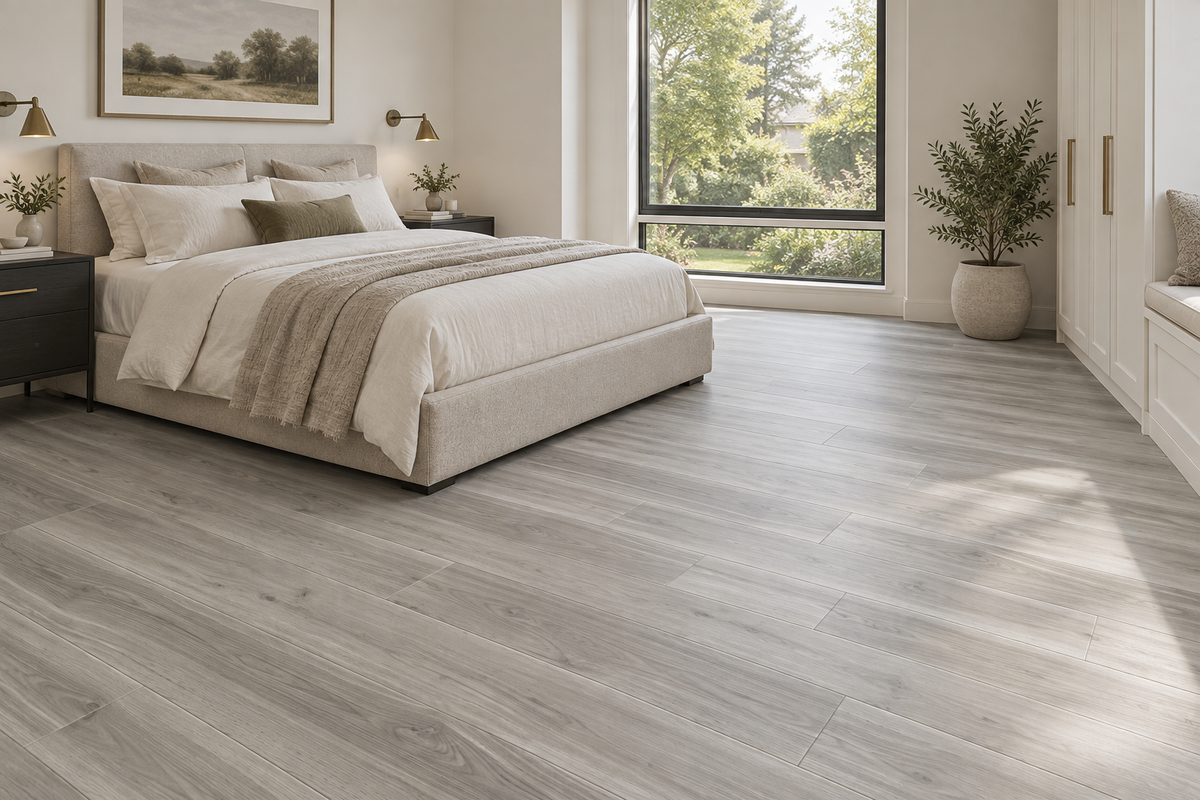 Sawn Maple SPC Vinyl Flooring — TFSPC904-F — daytime bedroom. AI interior visualization based on original supplier finish photos.