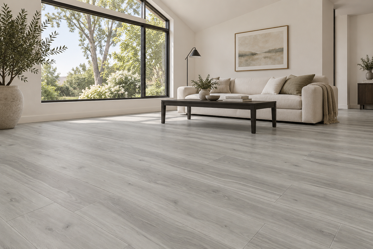 Sawn Maple SPC Vinyl Flooring — TFSPC904-F — daytime living room. AI interior visualization based on original supplier finish photos.
