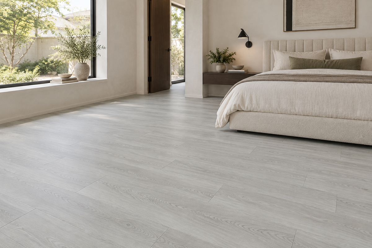 Snowfall SPC Vinyl Flooring — TFSPC906-F — daytime bedroom. AI interior visualization based on original supplier finish photos.