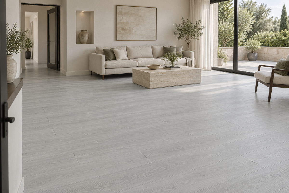 Snowfall SPC Vinyl Flooring — TFSPC906-F — daytime living room. AI interior visualization based on original supplier finish photos.