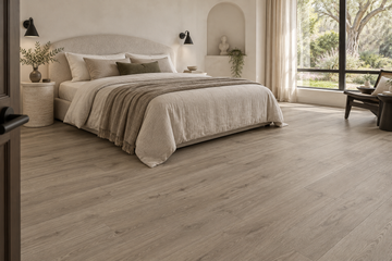 Tudor SPC Vinyl Flooring — TFSPC907-F — daytime bedroom. AI interior visualization based on original supplier finish photos.