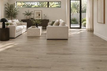 Tudor SPC Vinyl Flooring — TFSPC907-F — daytime living room. AI interior visualization based on original supplier finish photos.
