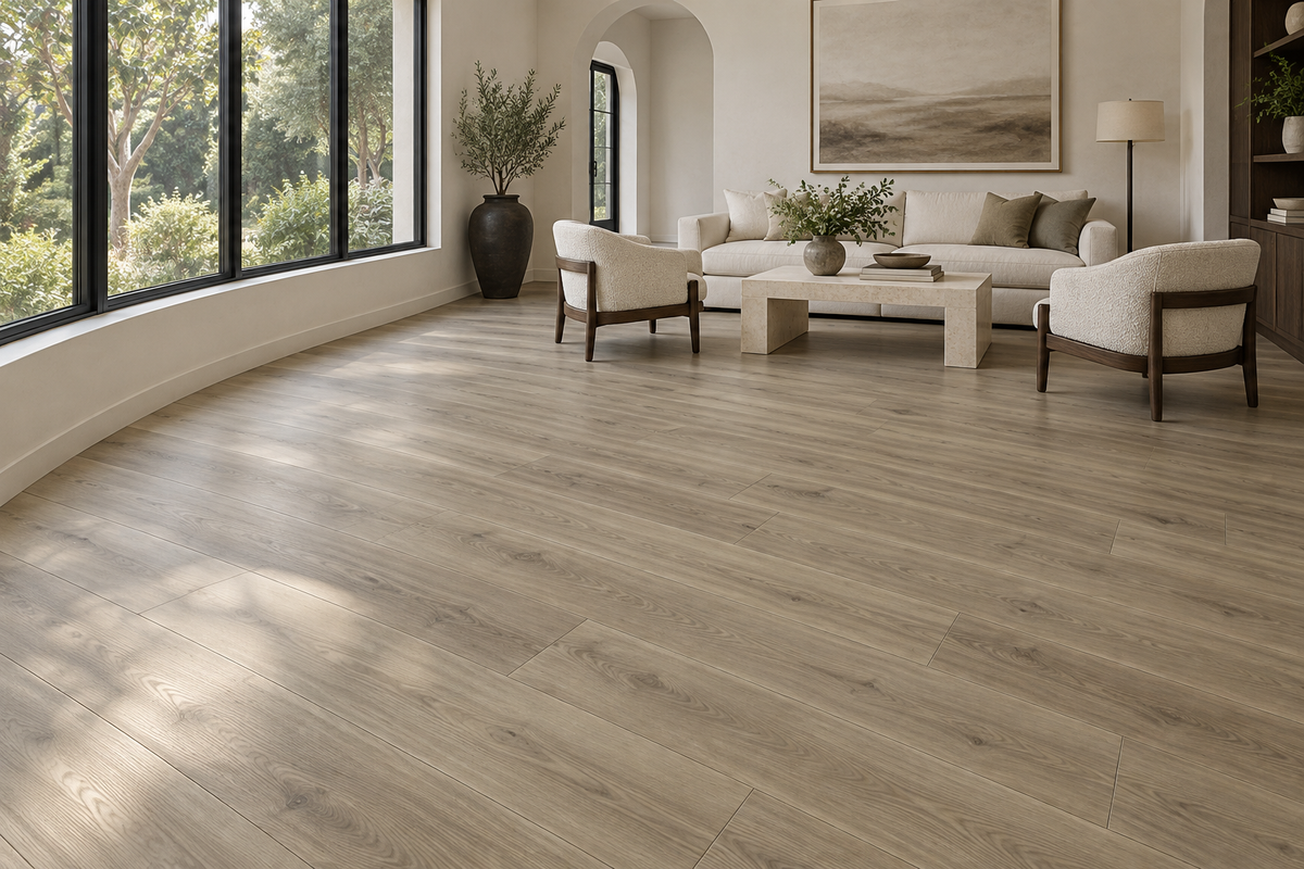 Smoked Oak SPC Vinyl Flooring — TFSPC908-F — daytime living room. AI interior visualization based on original supplier finish photos.