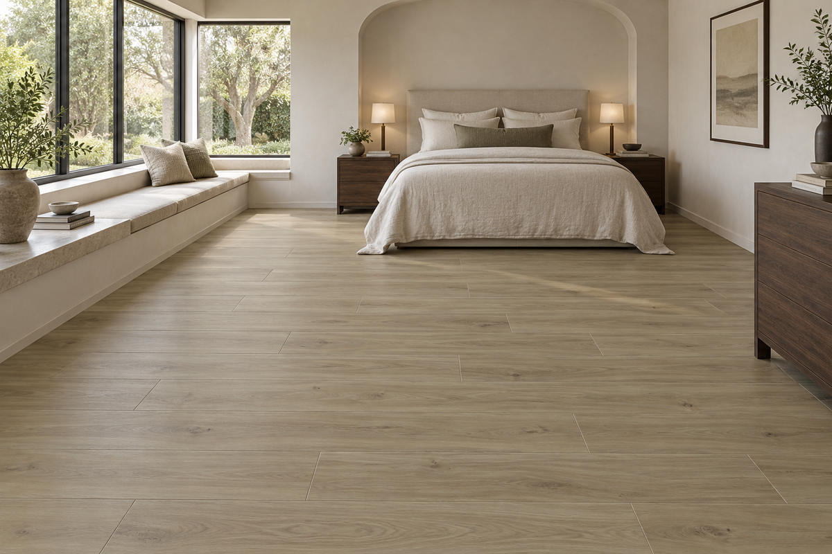 American Oak SPC Vinyl Flooring — TFSPC909-F — daytime bedroom. AI interior visualization based on original supplier finish photos.