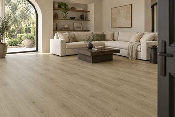American Oak SPC Vinyl Flooring — TFSPC909-F — daytime living room. AI interior visualization based on original supplier finish photos.