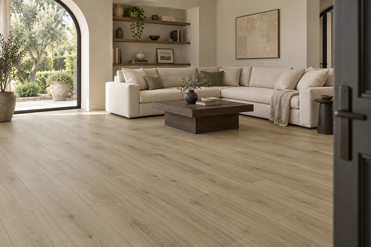 American Oak SPC Vinyl Flooring — TFSPC909-F — daytime living room. AI interior visualization based on original supplier finish photos.