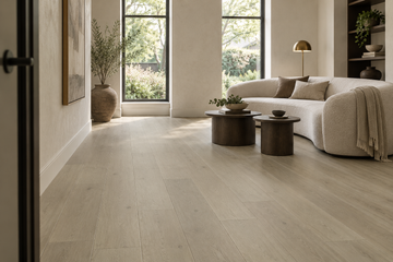 Sawn Oak SPC Vinyl Flooring — TFSPC911-F — daytime living room. AI interior visualization based on original supplier finish photos.