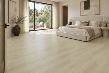 Windstorm SPC Vinyl Flooring — TFSPC912-F — daytime bedroom. AI interior visualization based on original supplier finish photos.