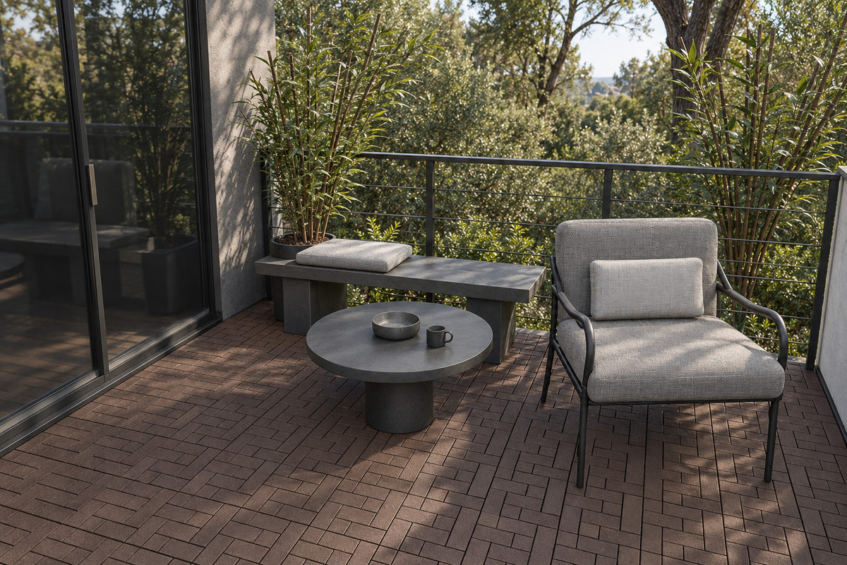 Brown interlocking composite deck tiles in a woodland terrace; AI installation visualization guided by the product’s 3D tile model.
