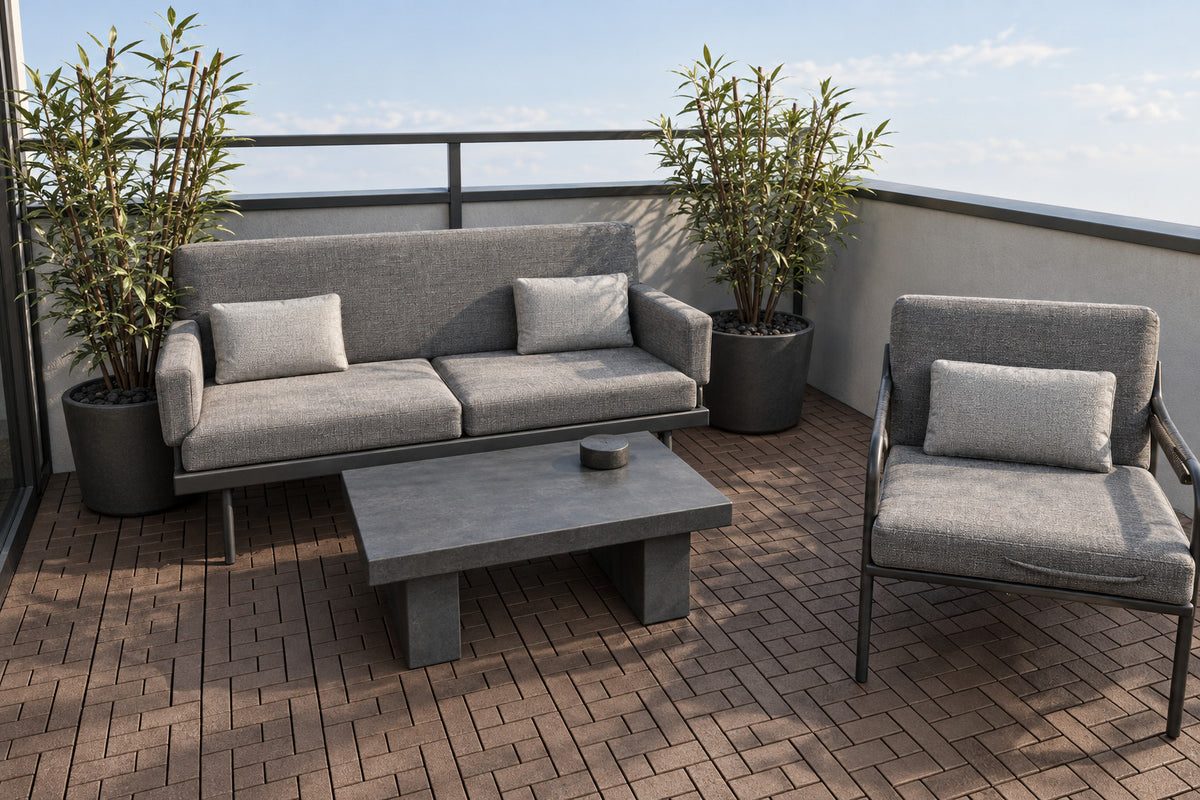 Brown interlocking composite deck tiles in a private rooftop lounge; AI installation visualization guided by the product’s 3D tile model.
