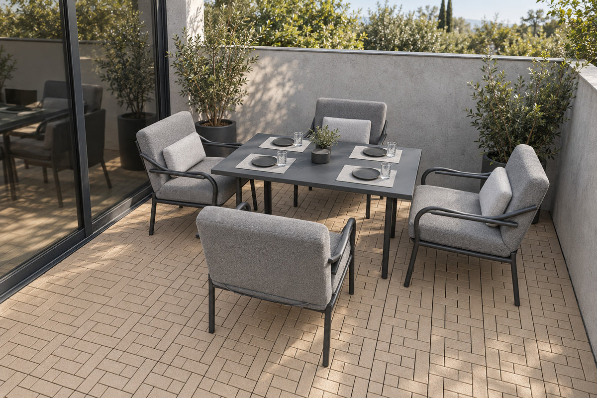 Tan interlocking composite deck tiles in a dining patio; AI installation visualization guided by the product’s 3D tile model.