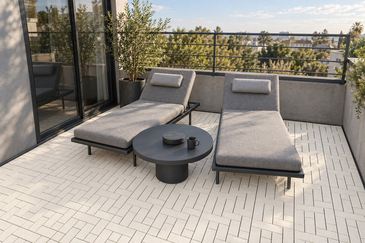 White Cream interlocking composite deck tiles in a rooftop terrace; AI installation visualization guided by the product’s 3D tile model.