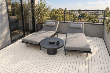 White Cream interlocking composite deck tiles in a rooftop terrace; AI installation visualization guided by the product’s 3D tile model.