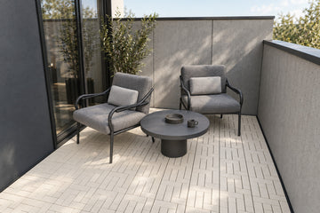 White Cream interlocking composite deck tiles in a covered balcony; AI installation visualization guided by the product’s 3D tile model.