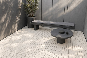 White Cream interlocking composite deck tiles in a minimalist courtyard; AI installation visualization guided by the product’s 3D tile model.