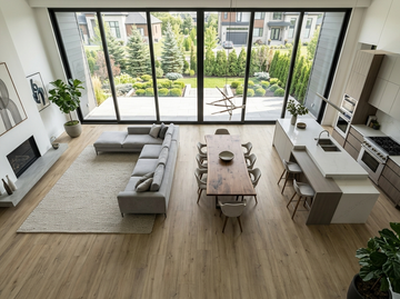 Ceaser SPC vinyl flooring, shown throughout an open living, dining and kitchen area.