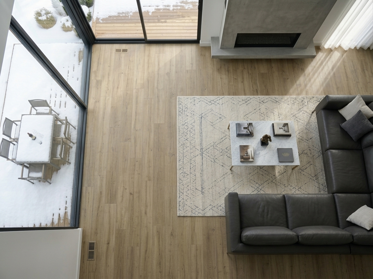 Ceaser SPC vinyl flooring, overhead view beside a dark sectional sofa and patterned rug.