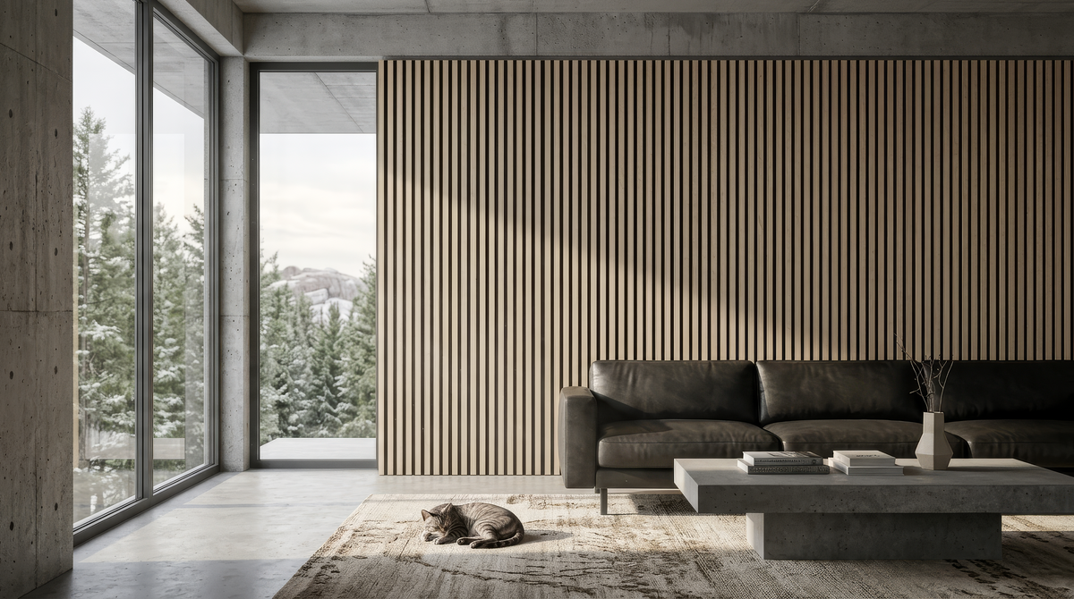 Classic wood slat acoustic panels shown behind a dark sofa in a living room.