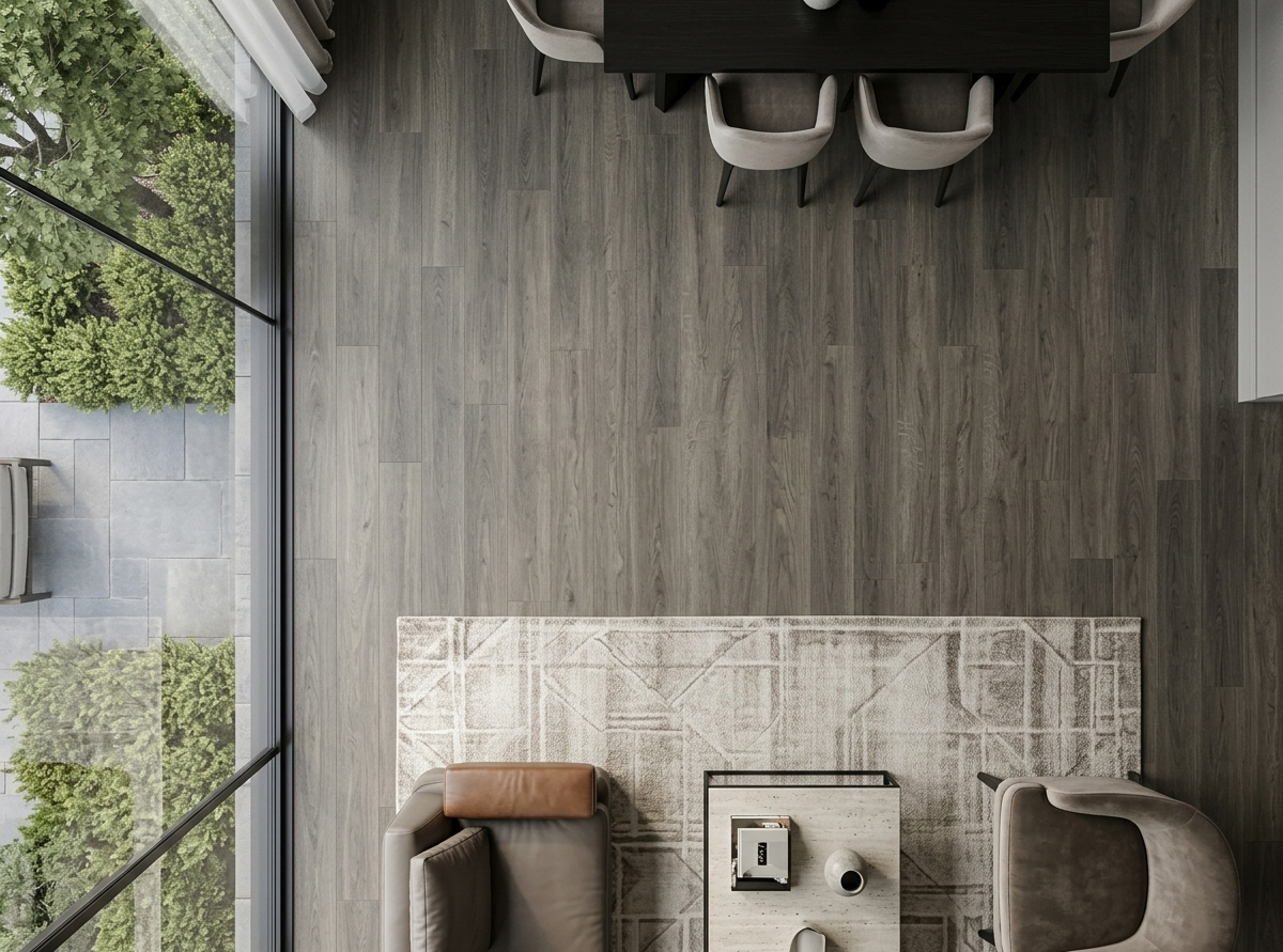 Congo SPC vinyl flooring, overhead view between a dining table and seating area.