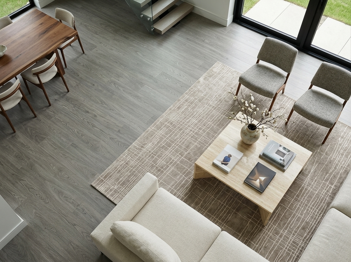 Everest SPC vinyl flooring, shown between a dining table and seating area.