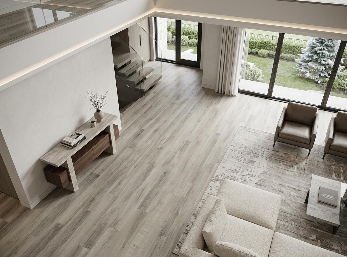 Floating Ice SPC vinyl flooring, shown across a living room beside a console table.