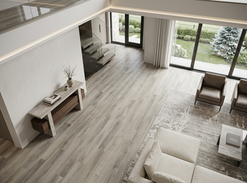 Floating Ice SPC vinyl flooring, shown across a living room beside a console table.