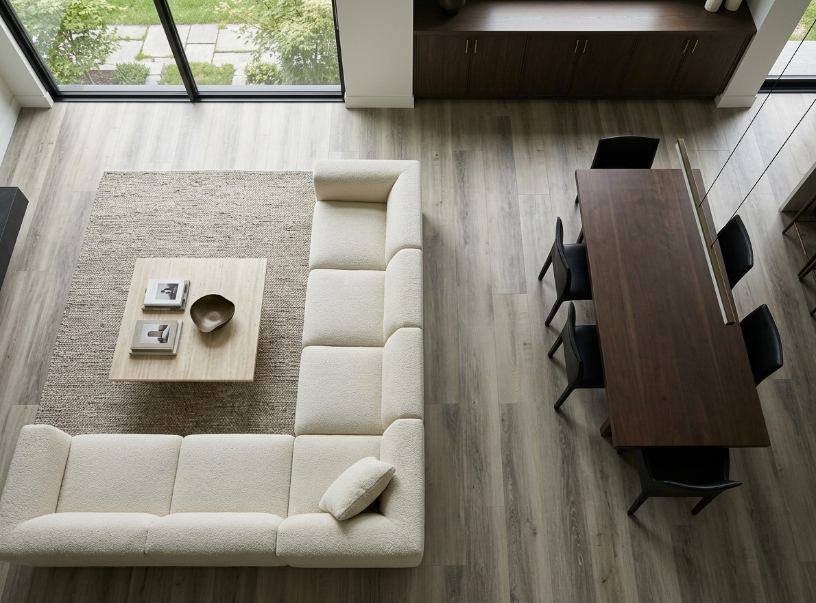 Floating Ice SPC vinyl flooring, overhead view of a living and dining area with a white sectional sofa.
