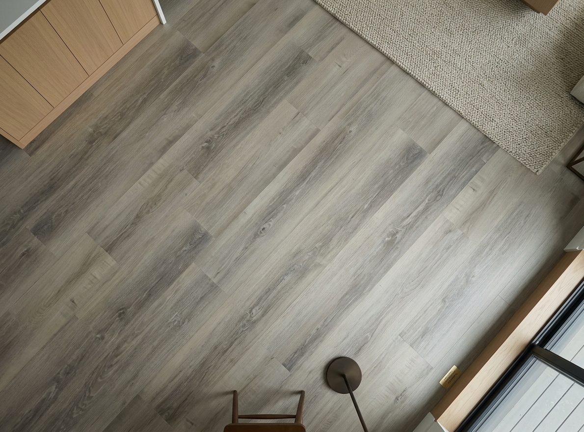 Floating Ice SPC vinyl flooring, close view beside a rug and window.