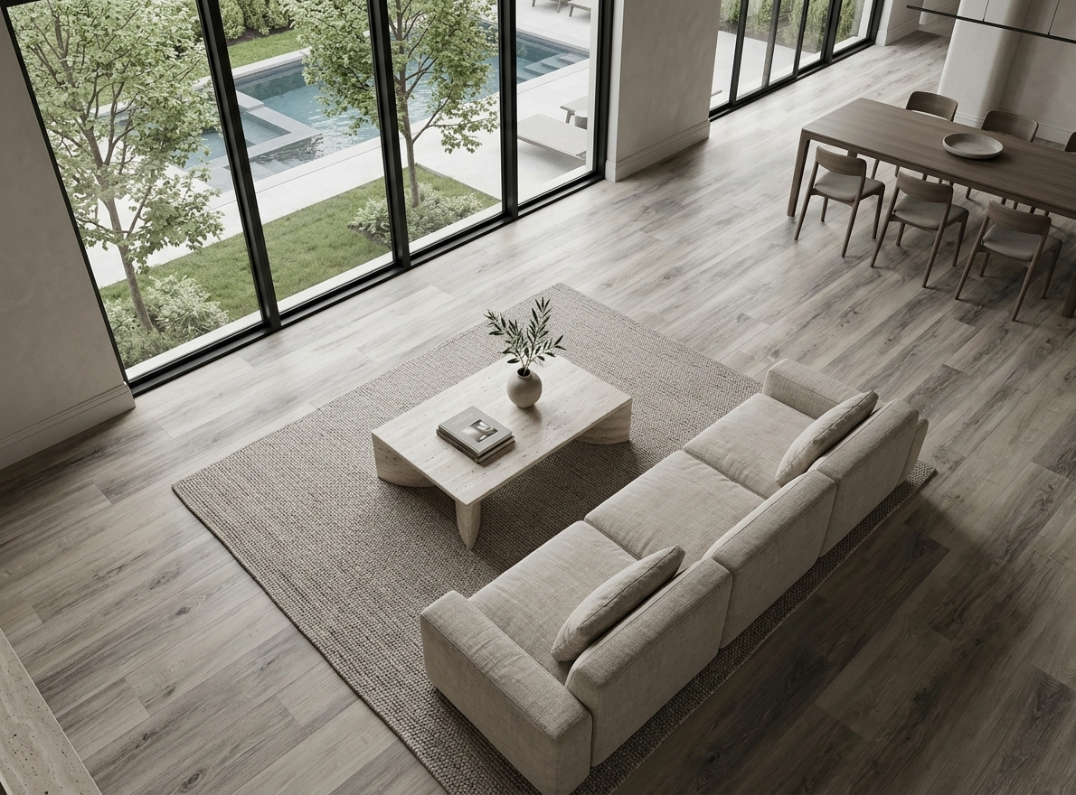 Floating Ice SPC vinyl flooring, shown in a living and dining area beside garden windows.