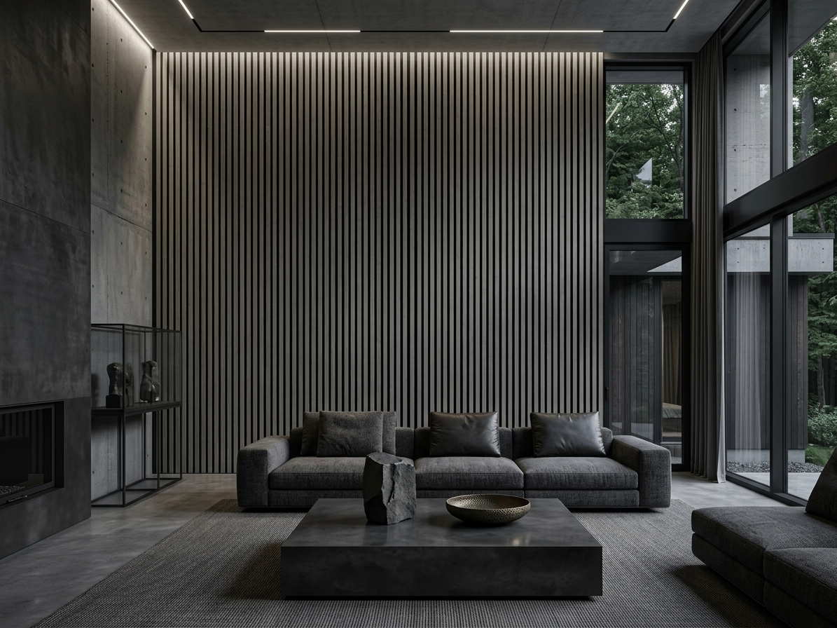 Cloud Grey wood slat acoustic panels shown behind a dark sofa in a tall living room.