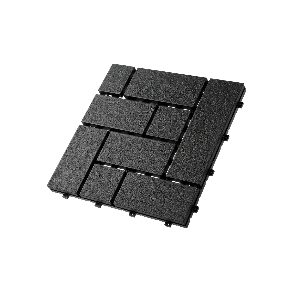 Black interlocking composite deck tile, angled product view.