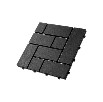 Black interlocking composite deck tile, angled product view.