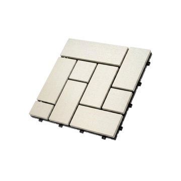 White Cream interlocking composite deck tile, angled product view.