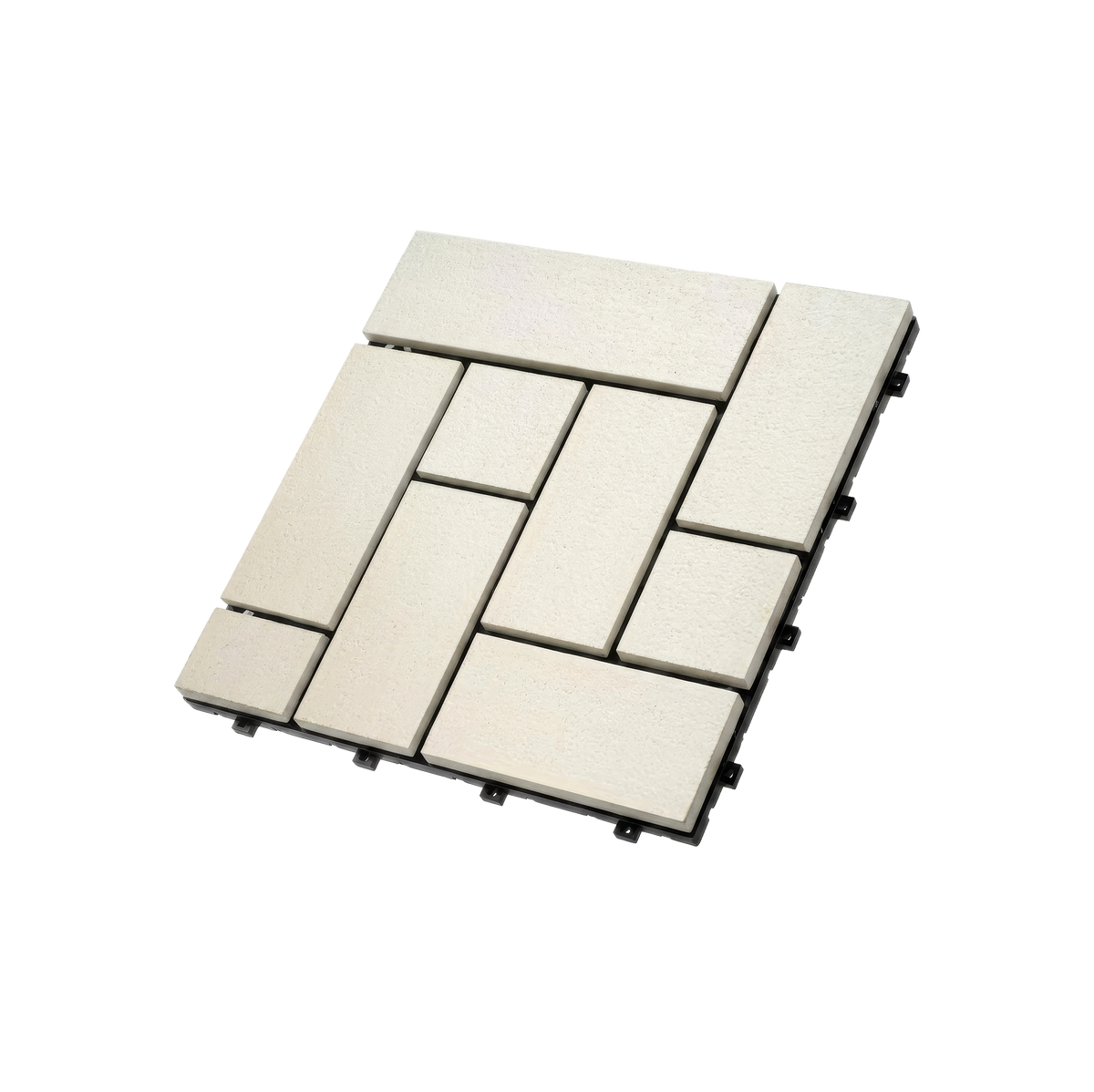 White Cream interlocking composite deck tile, angled product view.