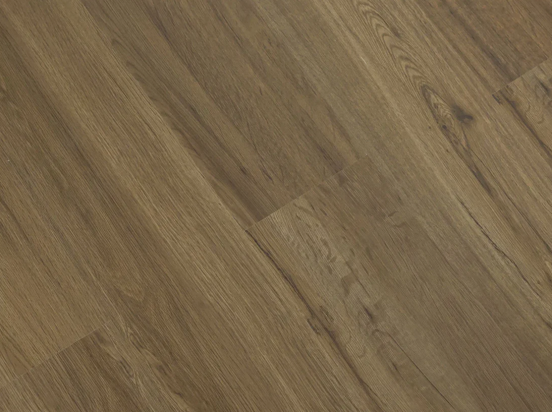 Milk Chocolate SPC vinyl flooring, angled close-up of the grain and plank joints.
