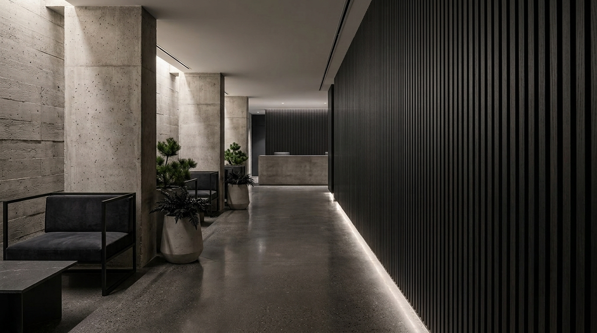 Night wood slat acoustic panels shown along a hallway wall.