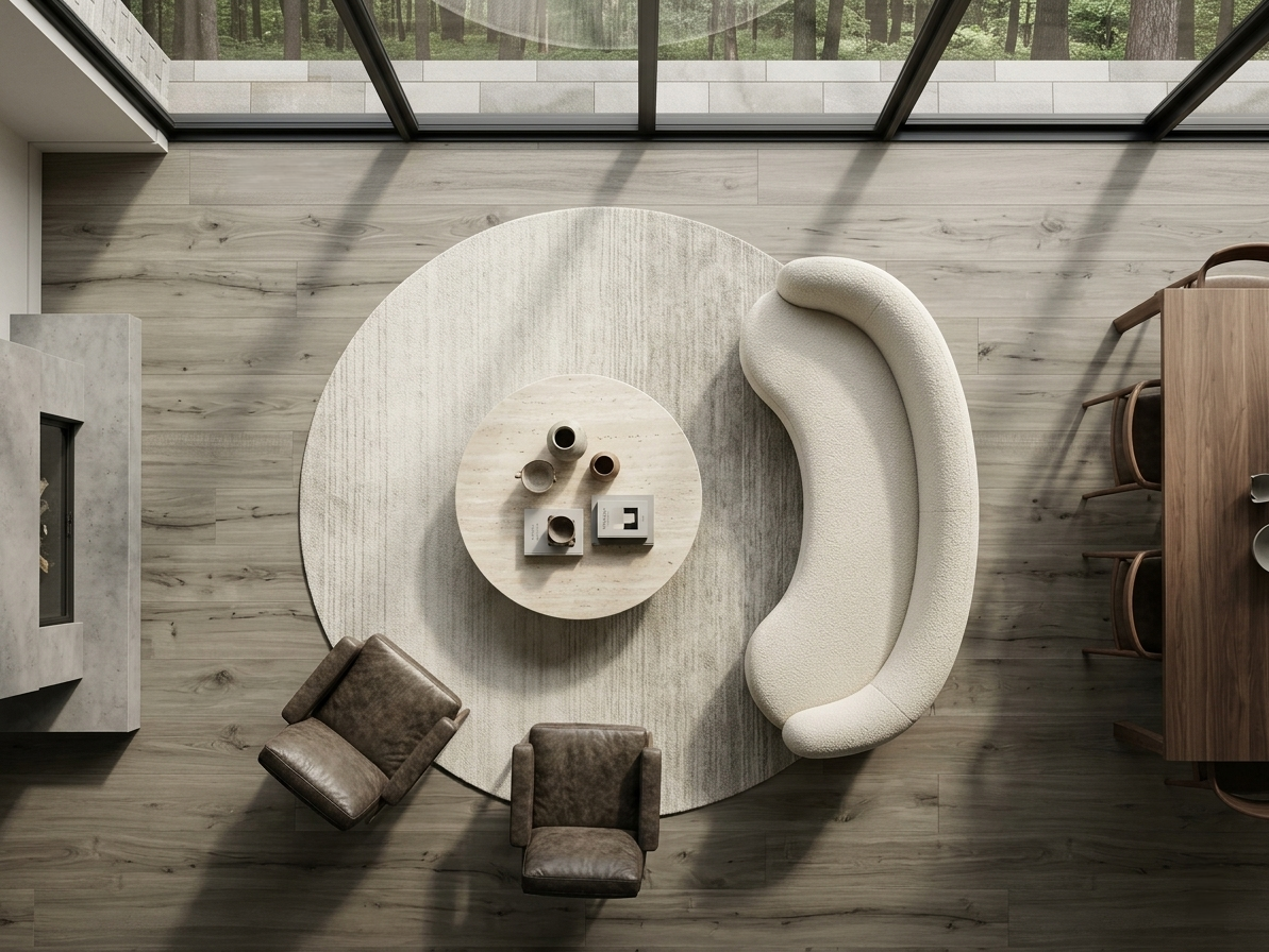 Pebble SPC vinyl flooring, overhead view around a curved sofa and round rug.
